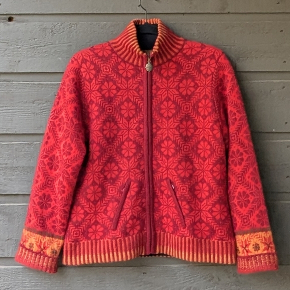 Icelandic Design Alpaca Wool Red Orange Zip Front Cardigan Size Small - Picture 1 of 12